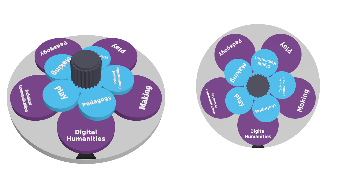 3D render of an earlier five-petal version with words molded into the petals